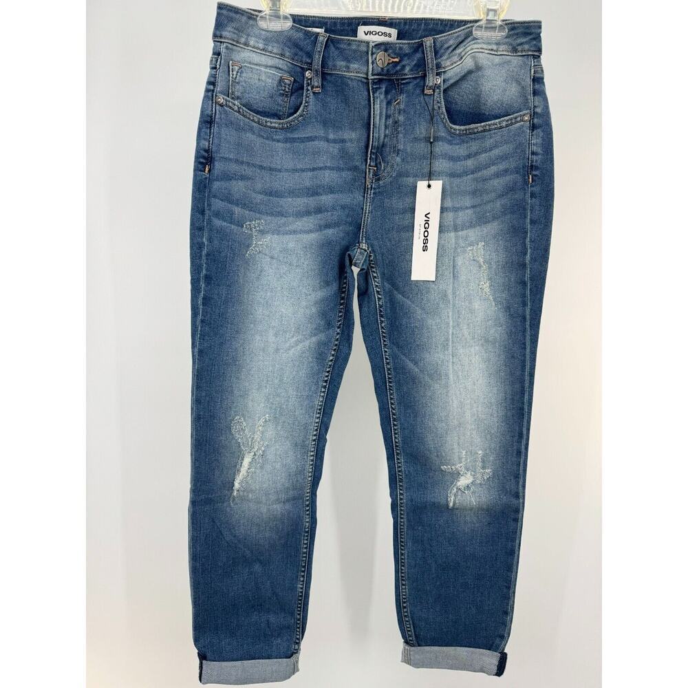 Vigoss Thompson Womens Denim Mid Rise Distressed Jeans Tapered Size 32 Blue NWT